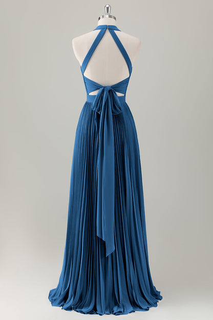 Dark Green A-Line Halter Long Bridesmaid Dress with Slit