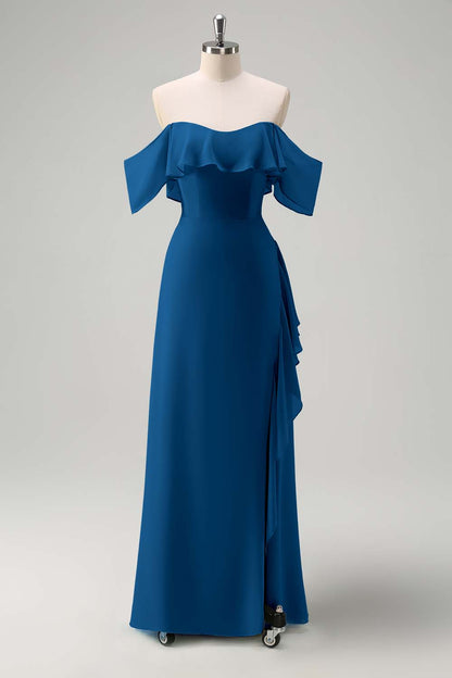 Light Green Off The Shoulder Chiffon Long Bridesmaid Dress