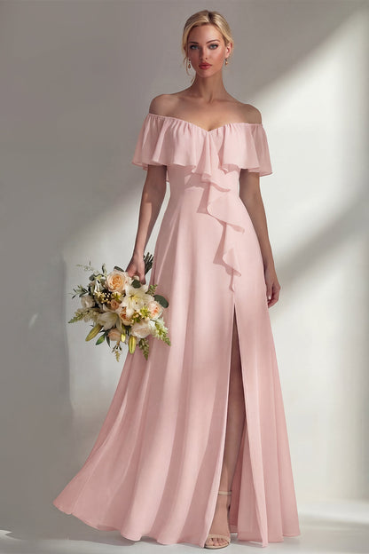 Off the Shoulder A Line Ruffled Sage Green Long Beach Bridesmaid Dress with Slit