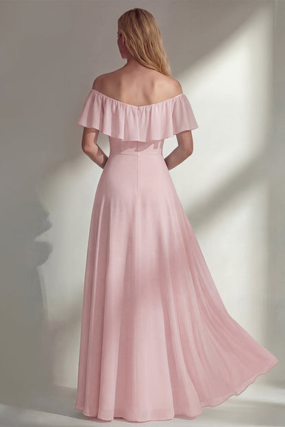 Off the Shoulder A Line Ruffled Sage Green Long Beach Bridesmaid Dress with Slit