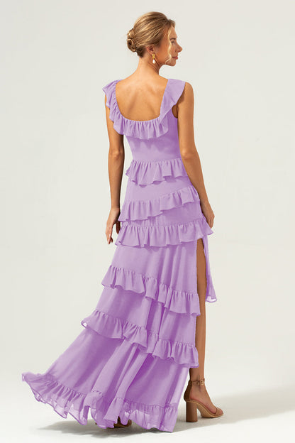 Dark Navy A-Line Ruffleed Chiffon Long Bridesmaid Dress with Slit