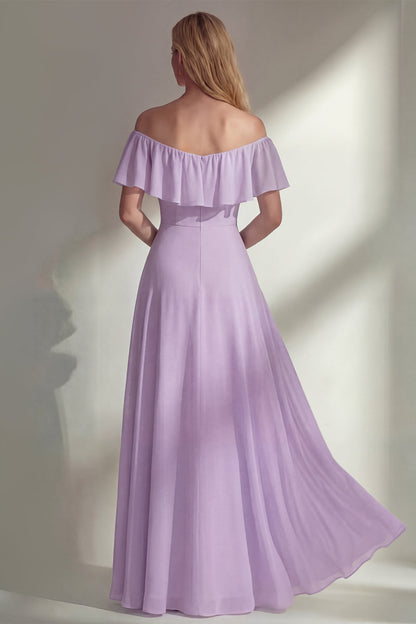 Off the Shoulder A Line Ruffled Sage Green Long Beach Bridesmaid Dress with Slit