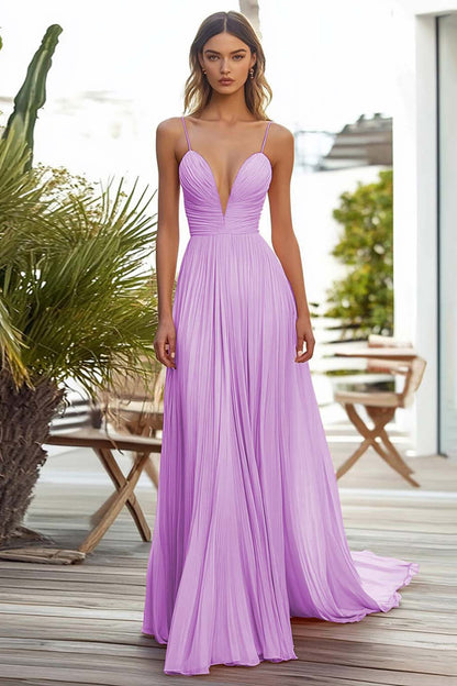 Pink Spaghetti Straps Chiffon Long Wedding Guest Dress with Pleated