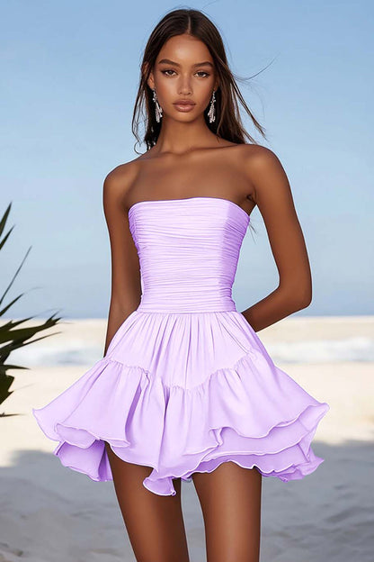 Sky Blue Chiffon Strapless Short Graduation Dress with Ruffles