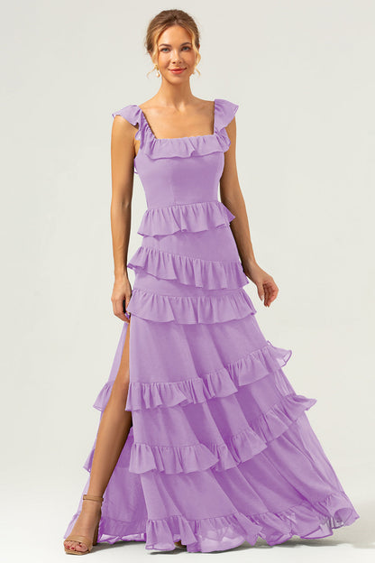 Dark Navy A-Line Ruffleed Chiffon Long Bridesmaid Dress with Slit