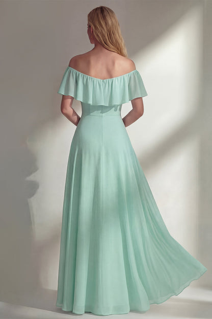 Off the Shoulder A Line Ruffled Sage Green Long Beach Bridesmaid Dress with Slit