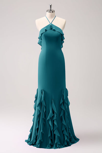 Dusty Sage Mermaid Halter Ruffle Chiffon Long Bridesmaid Dress