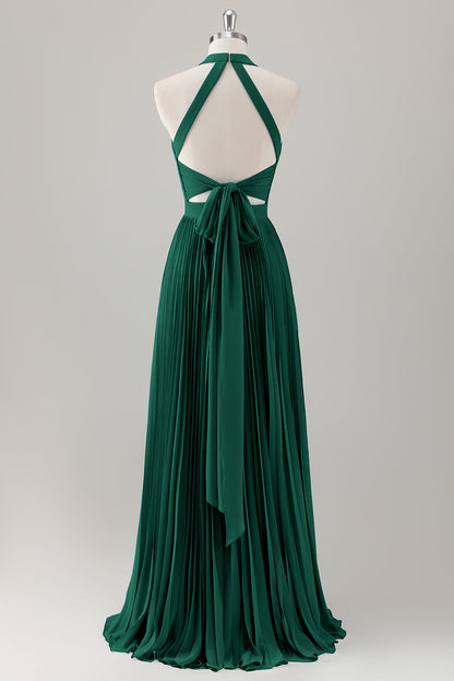 Dark Green A-Line Halter Long Bridesmaid Dress with Slit