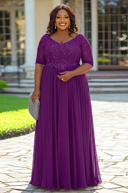 Grey A Line Appliqued Plus Size Long Mother of the Bride Dress