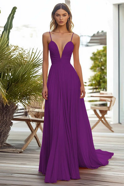 Pink Spaghetti Straps Chiffon Long Wedding Guest Dress with Pleated