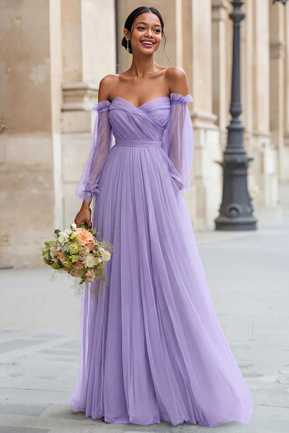 Eucalyptus Off the Shoulder Tulle A-Line Long Bridesmaid Dress with Sleeves