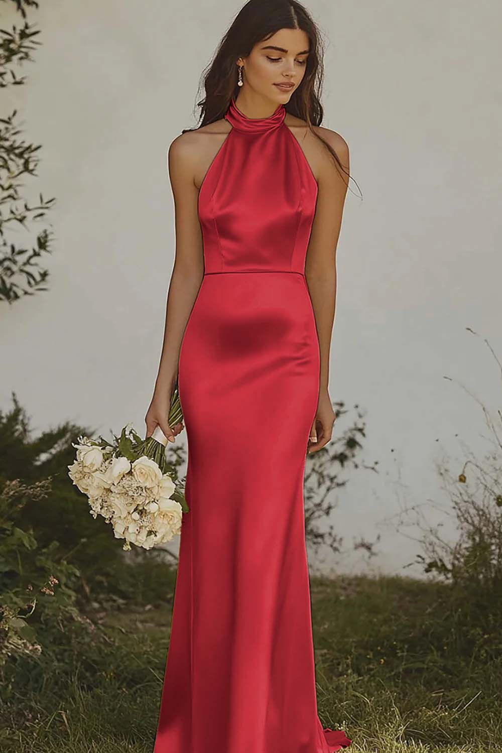 Dusty Sage Sheath Halter Backless Long Satin Bridesmaid Dress