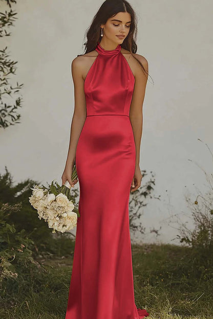 Dusty Sage Sheath Halter Backless Long Satin Bridesmaid Dress