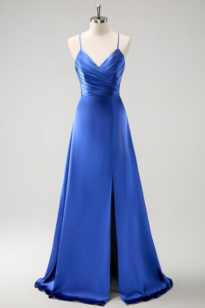 Burgundy A-Line Ruched Lace-Up Back Satin Long Bridesmaid Dress