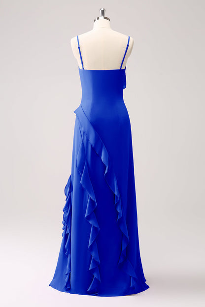 Eucalyptus Ruffled Spaghetti Straps Chiffon Long Bridesmaid Dress with Slit