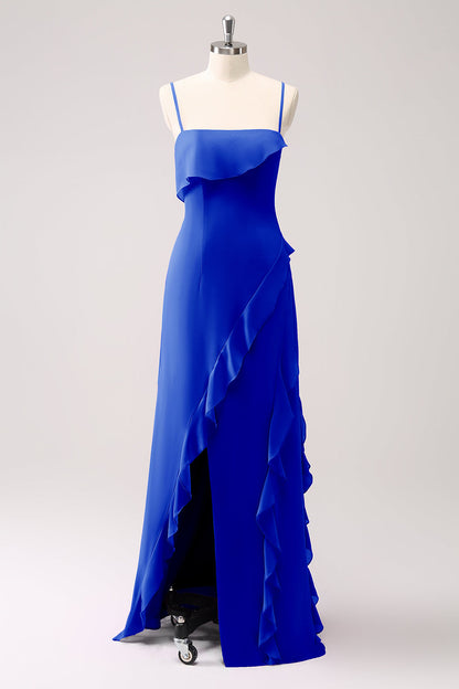 Dusty Sage Ruffled Spaghetti Straps Chiffon Long Bridesmaid Dress with Slit