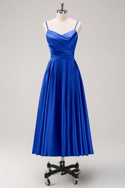 Navy A-Line Ruched Spaghetti Straps Tea Length Bridesmaid Dress
