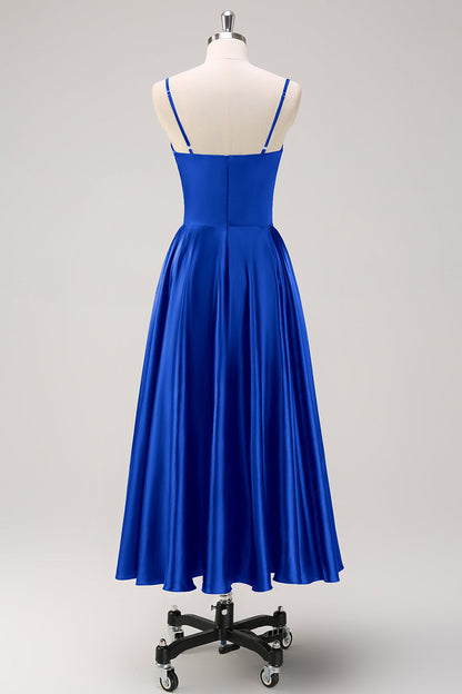 Navy A-Line Ruched Spaghetti Straps Tea Length Bridesmaid Dress