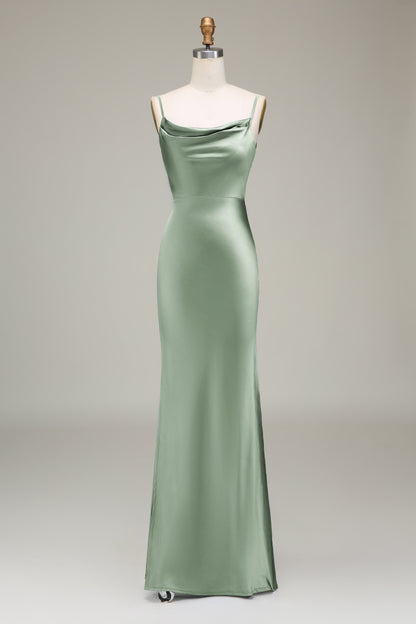 Olive Satin Sheath Spaghetti Straps Long Bridesmaid Dress