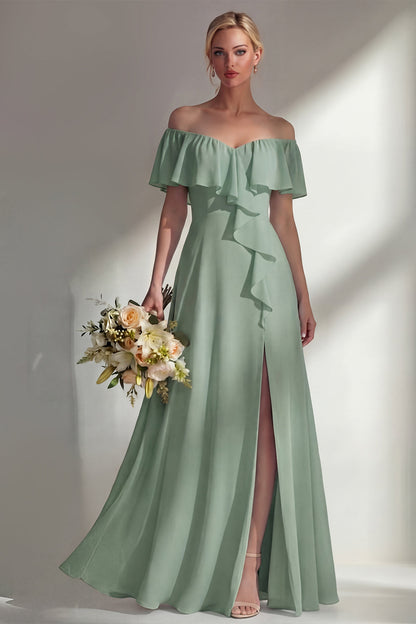 Off the Shoulder A Line Ruffled Sage Green Long Beach Bridesmaid Dress with Slit