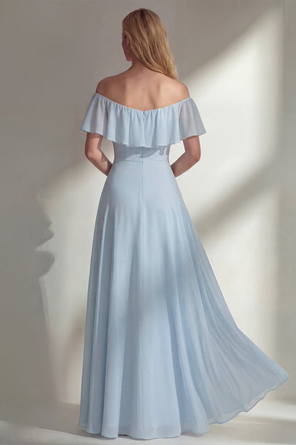 Off the Shoulder A Line Ruffled Sage Green Long Beach Bridesmaid Dress with Slit