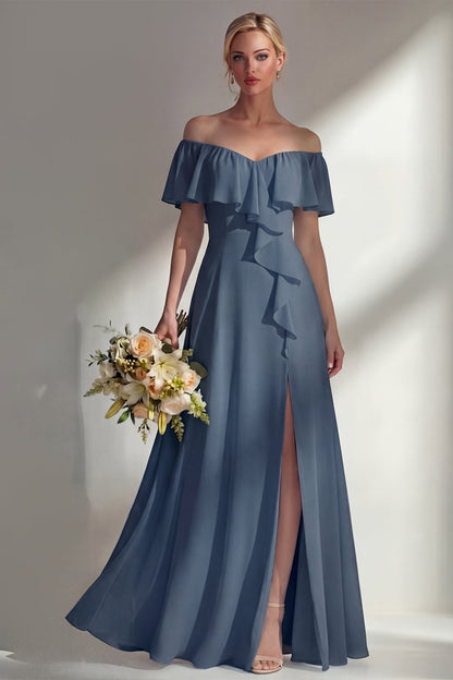 Off the Shoulder A Line Ruffled Sage Green Long Beach Bridesmaid Dress with Slit