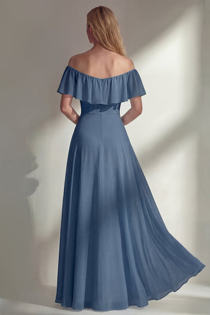 Off the Shoulder A Line Ruffled Sage Green Long Beach Bridesmaid Dress with Slit