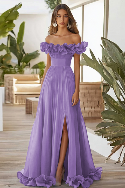 Blue Off the Shoulder A Line Long Formal Dress with Slit