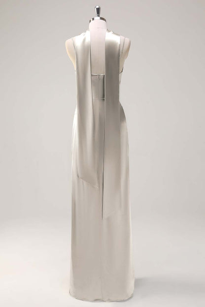 Sage Sheath Spaghetti Straps Satin Long Bridesmaid Dress with Slit