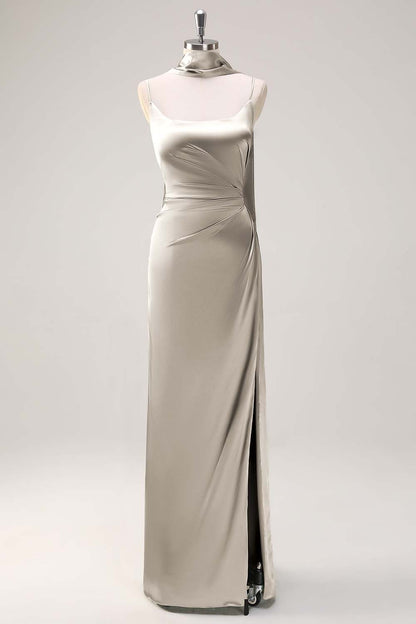 Sage Sheath Spaghetti Straps Satin Long Bridesmaid Dress with Slit