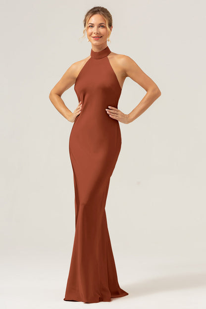 Dusty Blue Halter Long Bridesmaid Dress with Back Slit