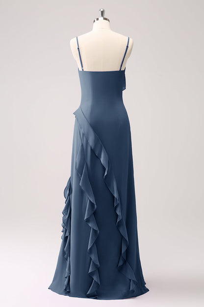 Eucalyptus Ruffled Spaghetti Straps Chiffon Long Bridesmaid Dress with Slit
