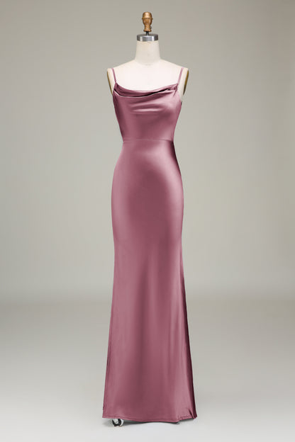 Dusty Blue Sheath Spaghetti Straps Satin Long Bridesmaid Dress