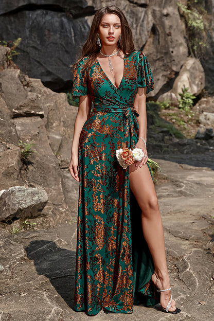 Burnout Velvet Burgundy V-Neck Mother of Bride Dress