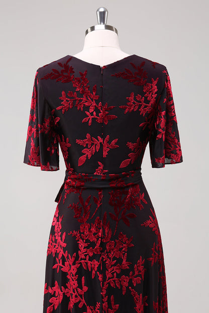 Burnout Velvet Burgundy V-Neck Mother of Bride Dress