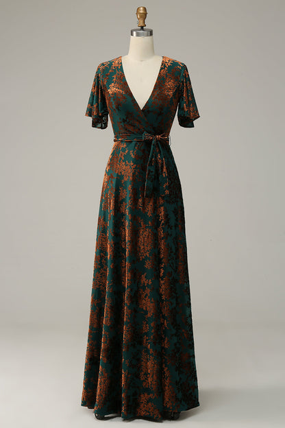 Burnout Velvet Burgundy V-Neck Mother of Bride Dress