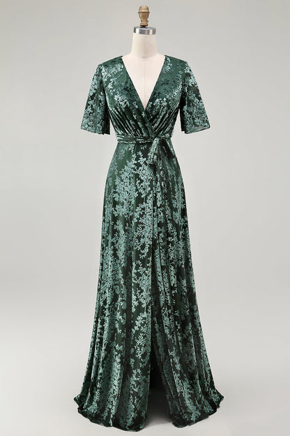 V-Neck Dark Green Mother of Bride Dress with Slit