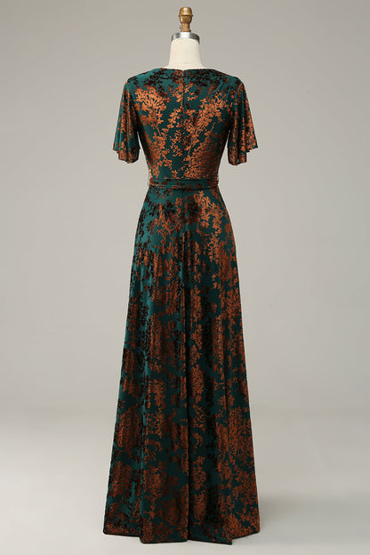 Burnout Velvet Burgundy V-Neck Mother of Bride Dress