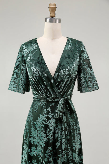 V-Neck Dark Green Mother of Bride Dress with Slit