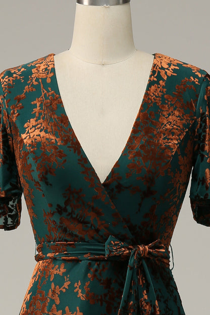 Burnout Velvet Burgundy V-Neck Mother of Bride Dress