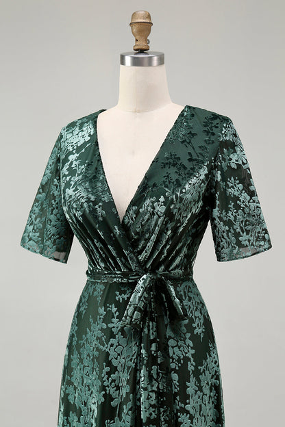 V-Neck Dark Green Mother of Bride Dress with Slit