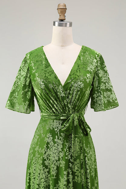 V-Neck Dark Green Mother of Bride Dress with Slit
