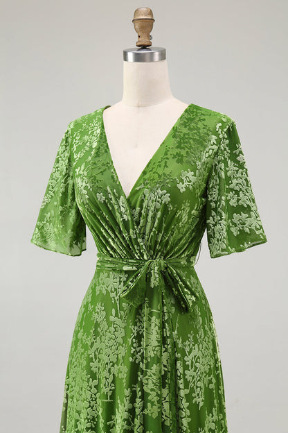 V-Neck Dark Green Mother of Bride Dress with Slit