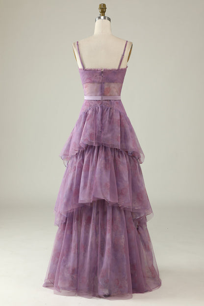 Purple Tulle Spaghetti Straps Corset Bridesmaid Dress