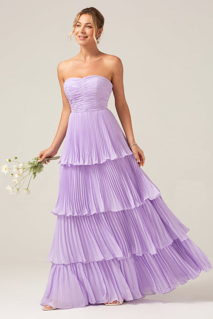 Flowy Chiffon Dusty Blue Sweetheart Tiered Long Bridesmaid Dress