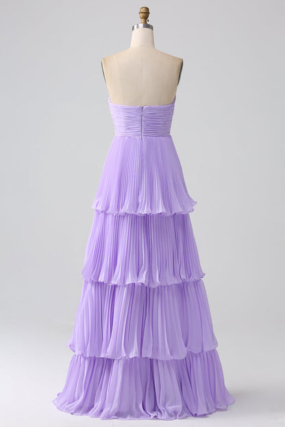 A-Line Sweetheart Tiered Chiffon Long Lilac Bridesmaid Dress with Pleated