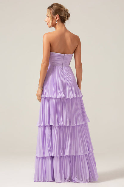 Flowy Chiffon Dusty Blue Sweetheart Tiered Long Bridesmaid Dress