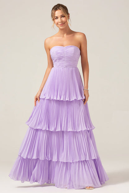Flowy Chiffon Dusty Blue Sweetheart Tiered Long Bridesmaid Dress