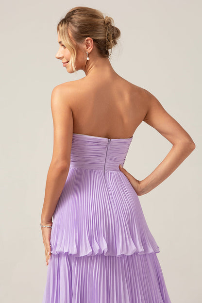 Flowy Chiffon Dusty Blue Sweetheart Tiered Long Bridesmaid Dress