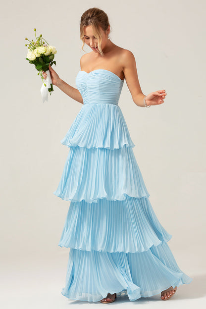Flowy Chiffon Dusty Blue Sweetheart Tiered Long Bridesmaid Dress